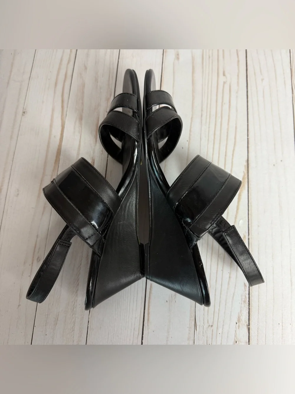 Coach and Four Black Patent Leather Wedge Sandals Open Toe Slingback Buckle